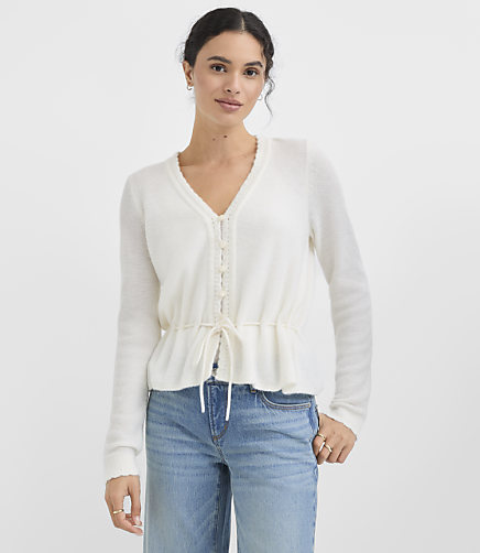 Scalloped Tie Waist V-Neck Sweater