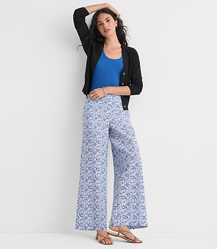 Petite Pull On Wide Leg Pants in Mosaic Linen Cotton