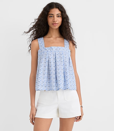 Petite Mosaic Poplin Tie Back Pleated Tank Top