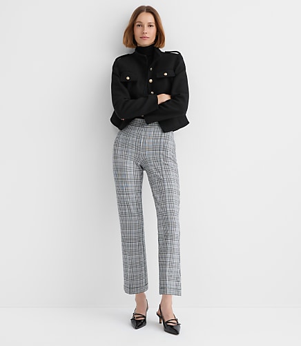 Pintucked Kick Crop Pants in Plaid Ponte - Black