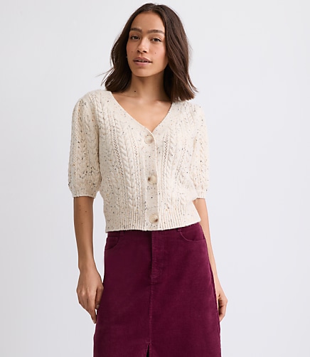 Flecked Stitchy Puff Sleeve Cardigan