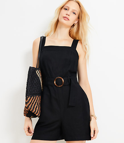 Belted Linen Blend Strappy Romper
