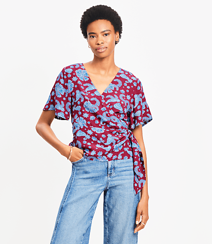 Petite Tiled Flutter Sleeve Wrap Blouse