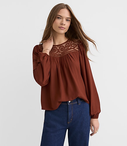 Cutout Lace Yoke Blouse
