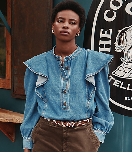 Ruffle Denim Shirt in Light Wash