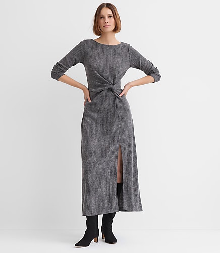 Petite Ribbed Side Twist Midi Dress