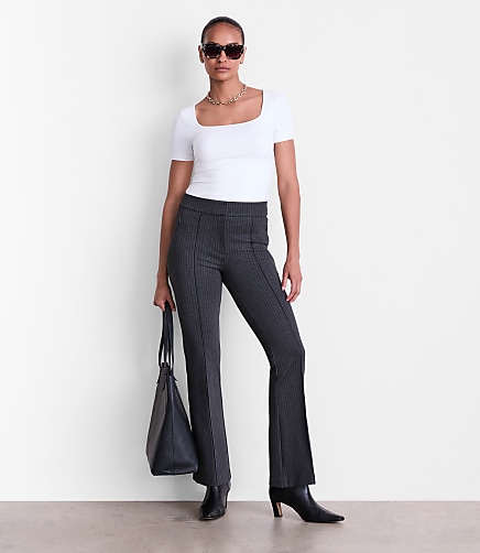 Petite LOFT Versa Pintucked Ponte Flare Pants in Pinstripe
