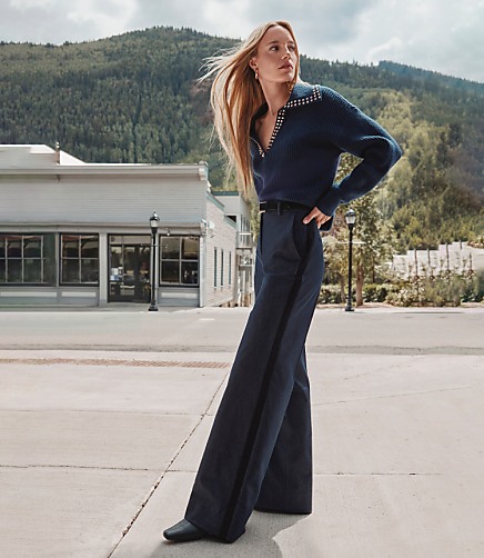 Velvet Tuxedo Stripe Clean Wide Leg Pants in Refined Denim