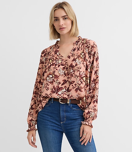 Petite Floral Pintucked Ruffle Mixed Media Blouse