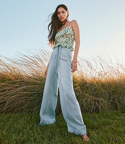Tie Waist High Rise Palazzo Jeans in Light Wash