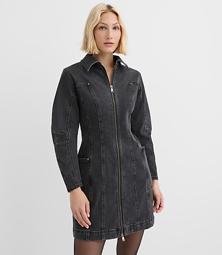 Seamed Denim Zip Mini Pocket Dress in Washed Black