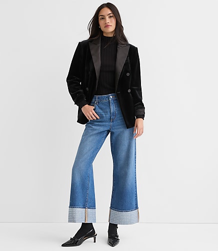Petite Embellished Cuffed High Rise Wide Leg Crop Jeans in Bright Mid Indigo Wash