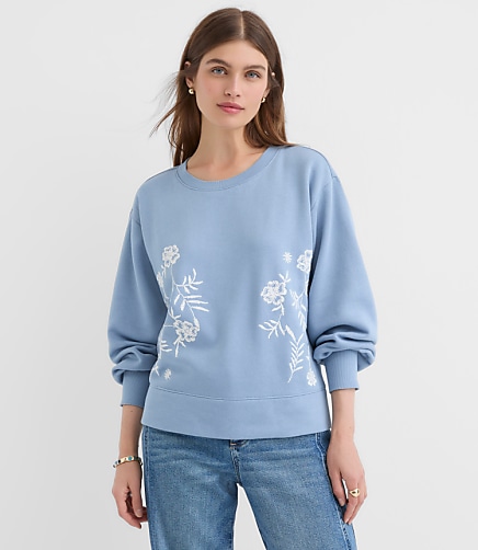 Floral Embroidered Terry Puff Sleeve Sweatshirt