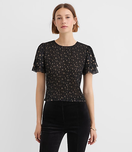Petite Shimmer Dot Smocked Ruffle Top