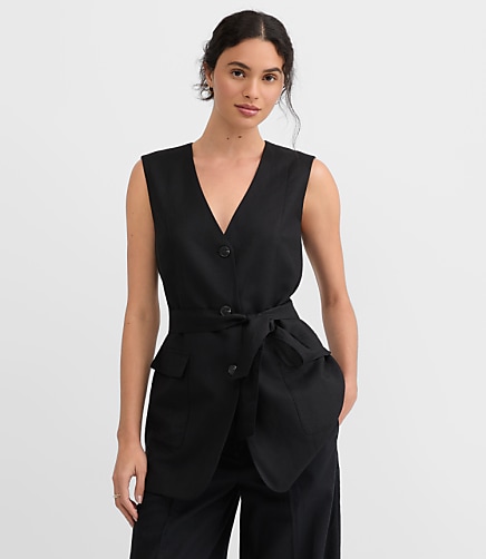 Linen Blend Belted Pocket Vest