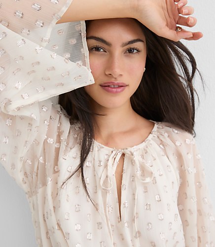 Petite Shimmer Clip Flare Sleeve Tie Neck Blouse
