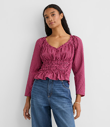 Petite Gingham Smocked Ruffle V-Neck Blouse
