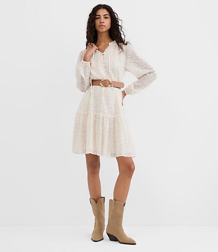 Eyelet Tie Neck Flounce Mini Pocket Dress