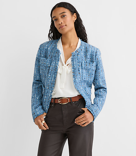Tall Frayed Tweed Collarless Jacket