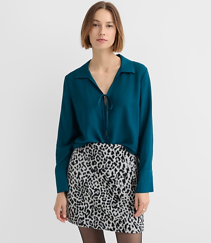 Petite Slit Cuff Tie Neck Blouse