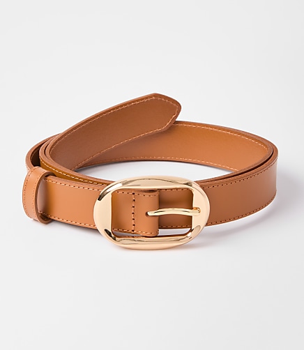 Oval Buckle Skinny Leather Belt - Cognac