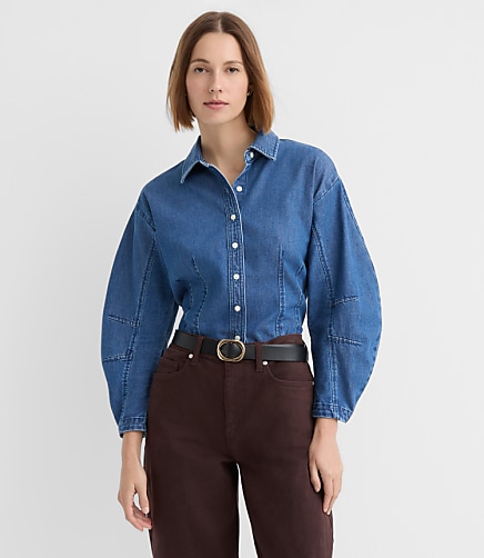 Barrel Sleeve Denim Shirt in Classic Mid Wash