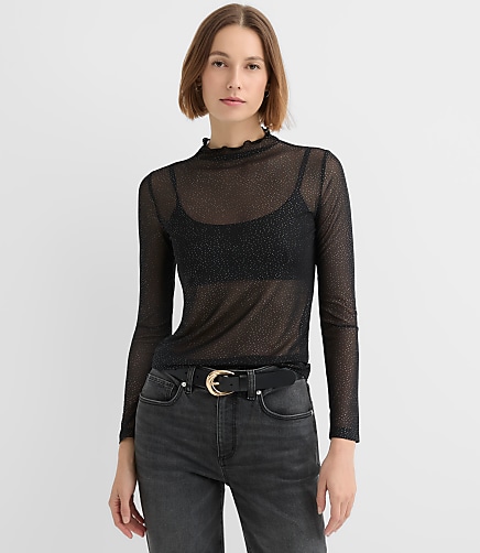 Petite Shimmer Dotted Mesh Ruffle Neck Top