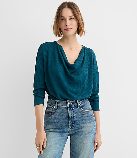 Petite Cozy Ribbed Cowl Neck Top