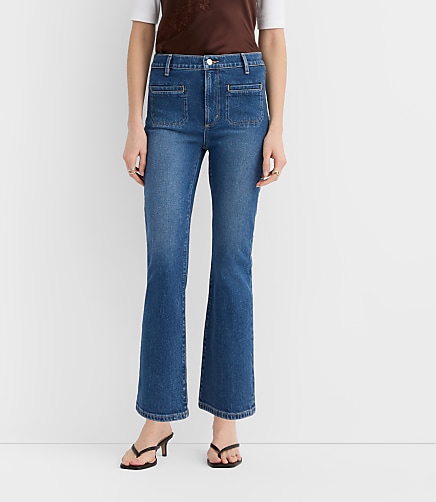 Rivete Petite Curvy Welt Pocket High Rise Kick Crop Jeans in Mid Wash