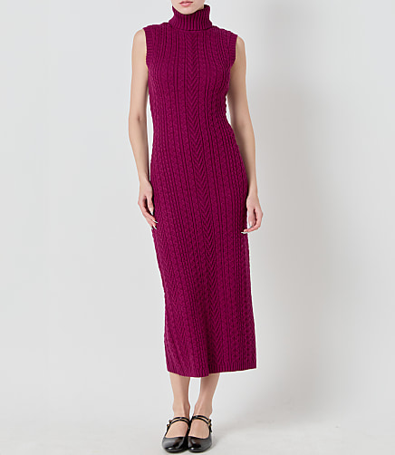 English Factory Cable Knit Mock Neck Midi Dress - Wine