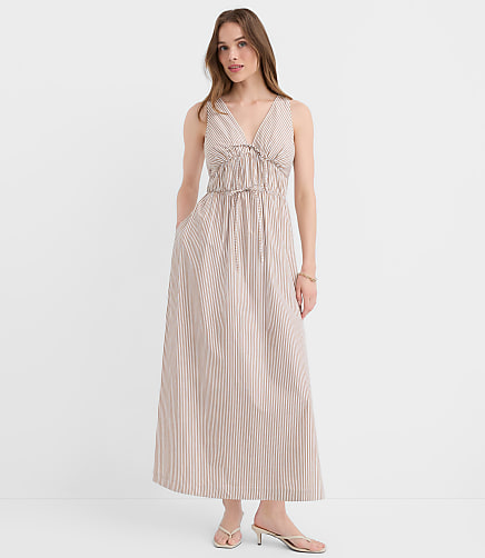Striped Bow Poplin Midi Pocket Dress