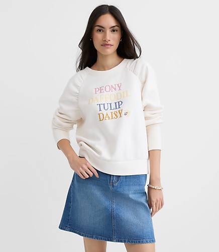Floral Embroidered Shirred Shoulder Sweatshirt