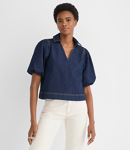Petite Denim Puff Sleeve Top