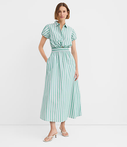 Striped Poplin Twist Midi Pocket Shirtdress