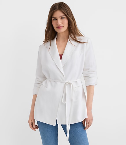 Petite Linen Blend Tie Waist Modern Blazer