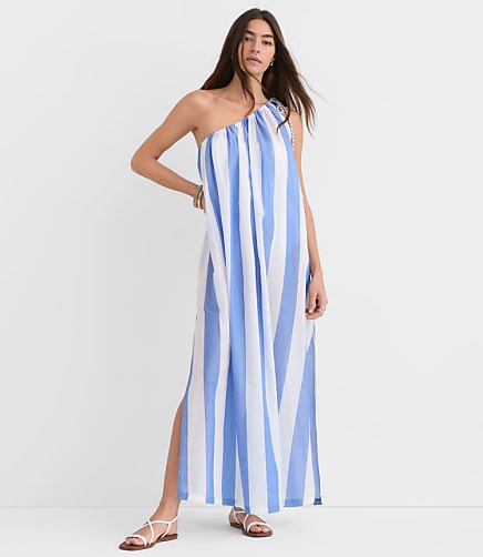 Petite LOFT Beach Striped One Shoulder Swimsuit Coverup