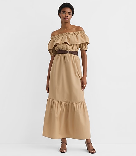 Petite Poplin Ruffle Off The Shoulder Maxi Pocket Dress