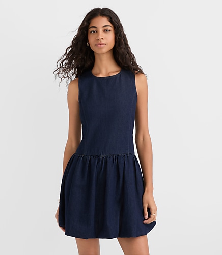 Petite Denim Bubble Mini Dress in Dark Wash