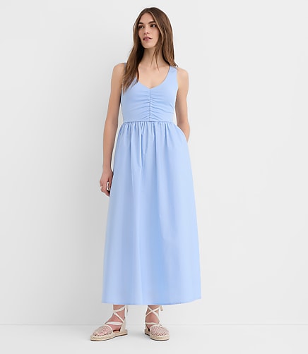Ruched Mixed Media Midi Pocket Dress
