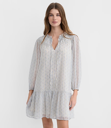Petite Paisley Smocked Tie Neck Mini Dress