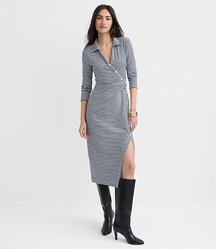 Petite Striped Button Twist Midi Dress