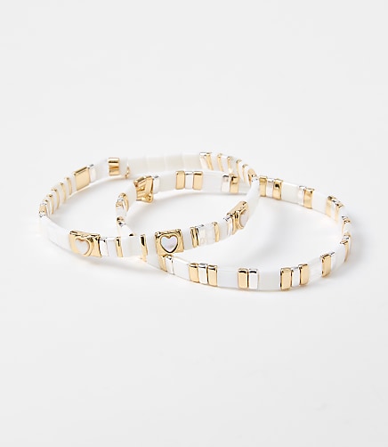 Heart Mother Of Pearl Chicklet Bracelet Set