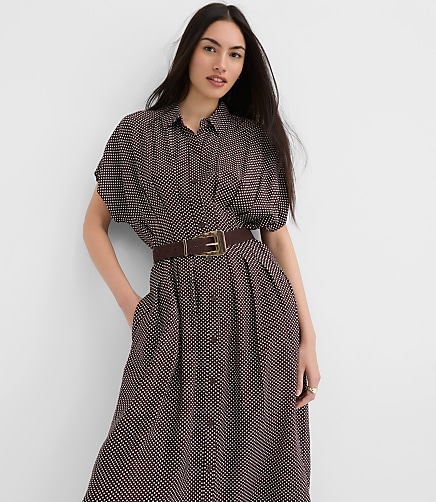 Pindot Pleated Midi Pocket Shirtdress