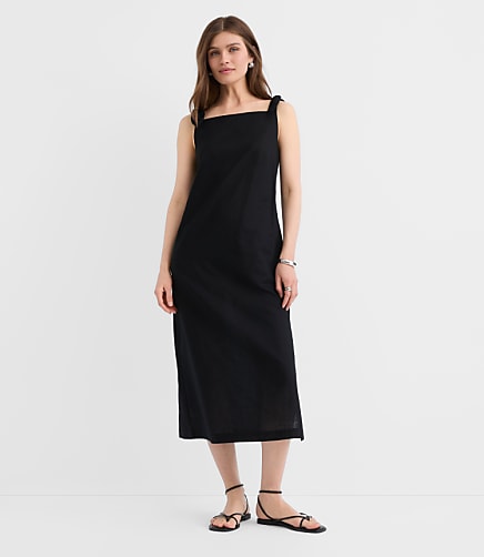 Linen Cotton Tie Boatneck Midi Dress