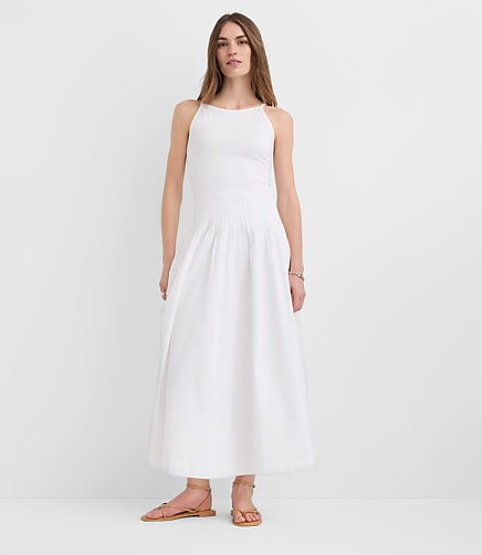 Petite Pleated Mixed Media Midi Halter Dress