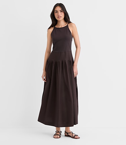 Petite Pleated Mixed Media Midi Halter Dress