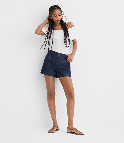 Rivete Petite Double Shank High Rise Denim Shorts in Nova Wash