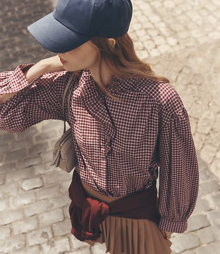 Plaid Ruffle Neck Blouse