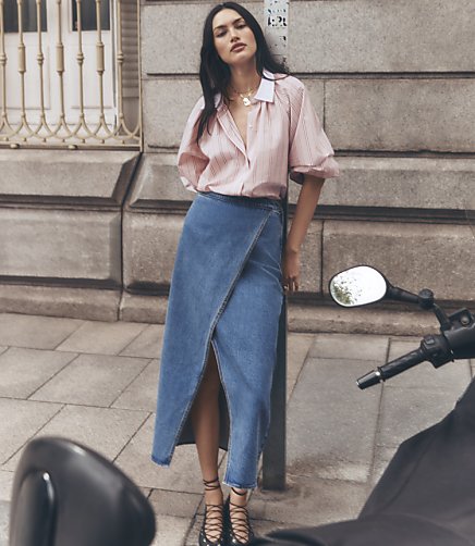 Denim Midi Wrap Skirt in Bright Mid Indigo Wash