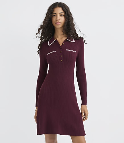 Tipped Ribbed Henley Sweater Shirtdress